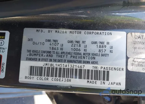 2010 Mazda Mazda3 S Sport from USA, damaged, VIN JM1BL1H55A1321467